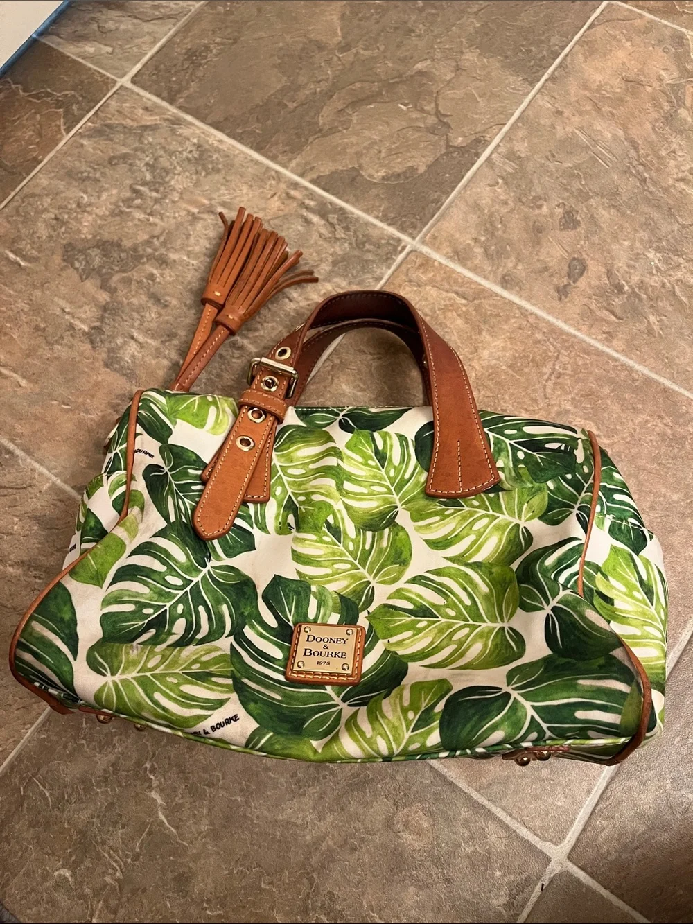 Dooney & Bourke Green Tropical Leaf Canvas Satchel with Brown Leather Trim